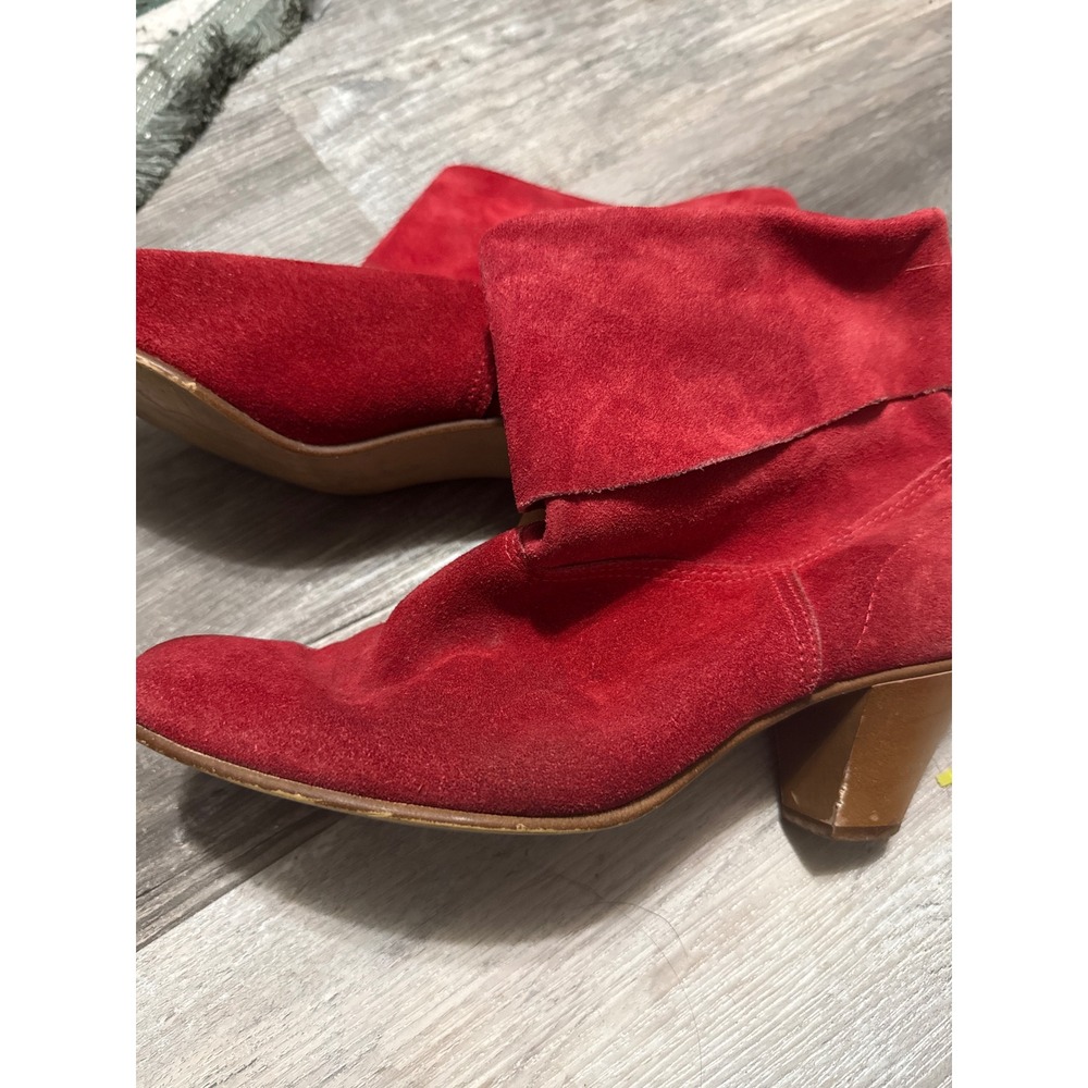 Vintage Red Suede Fold Over Ankle Boots Made in USA Wood Block Heel Women 8 M